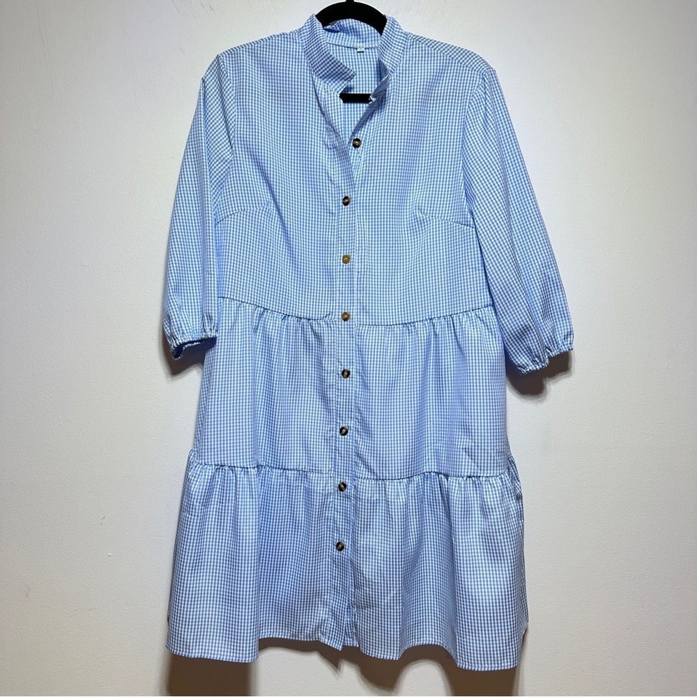 Cottagecore Blue Gingham Tiered Shirt Dress Mini S Cottagecore